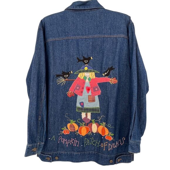 The Quacker Factory Womens‎ Denim Jacket Autumn Thanksgiving Scarecrow Pumpkins - Picture 2 of 7